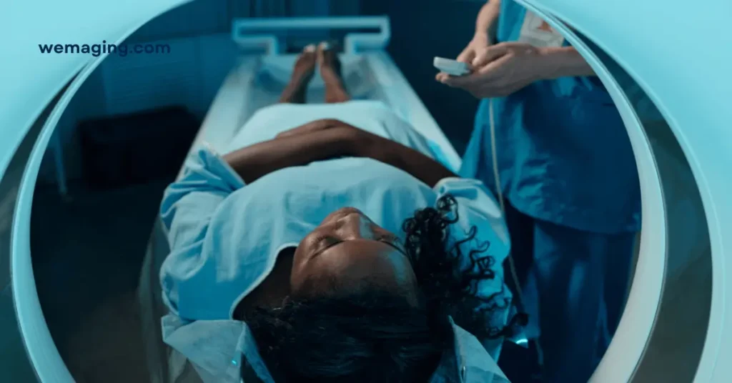 Patient lying face up on an MRI couch.